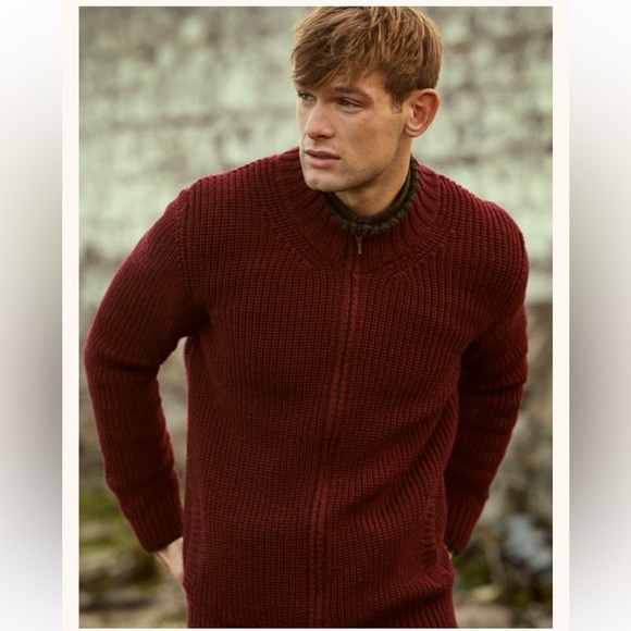 Aran sweater Men's Merino Wool Ribbed Cardigan size L claret - Picture 2 of 6